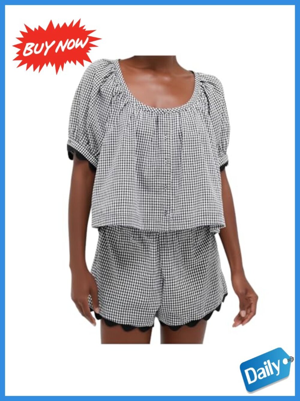 Women's Gingham Summer Two Piece Shorts Set Puff Sleeve Button Top Cotton